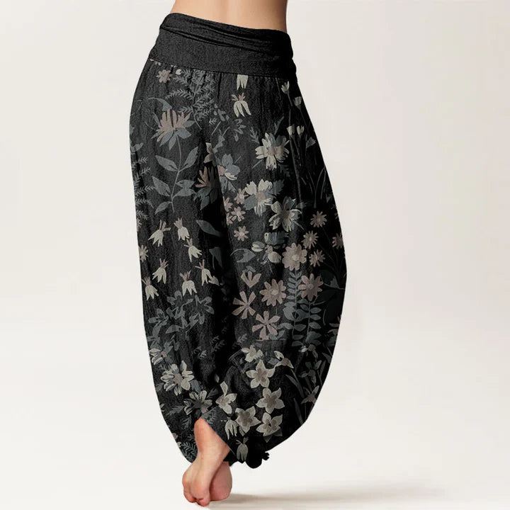 Pantalon Sarouel Décontracté pour Femme à Taille Élastique avec Motif de Fleurs de Marguerites et de Feuilles