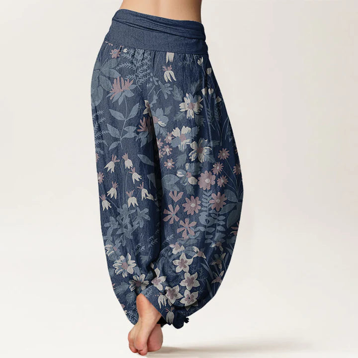 Pantalon Sarouel Décontracté pour Femme à Taille Élastique avec Motif de Fleurs de Marguerites et de Feuilles