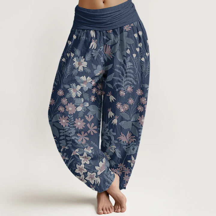 Pantalon Sarouel Décontracté pour Femme à Taille Élastique avec Motif de Fleurs de Marguerites et de Feuilles