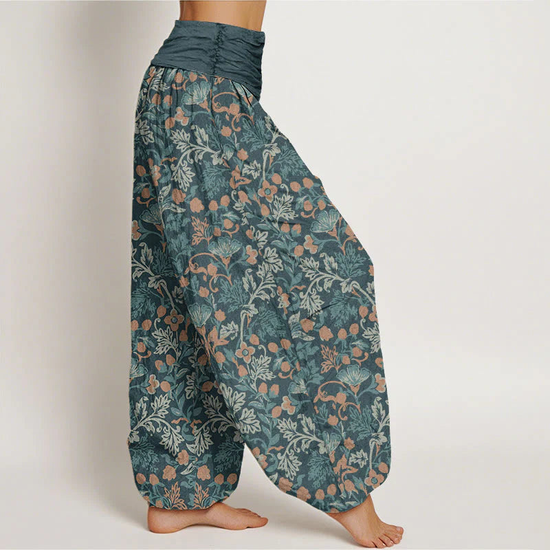 Pantalon Sarouel Décontracté pour Femme à Taille Élastique avec Motif de Fleurs, de Lianes et de Feuilles