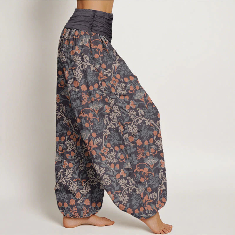 Pantalon Sarouel Décontracté pour Femme à Taille Élastique avec Motif de Fleurs, de Lianes et de Feuilles
