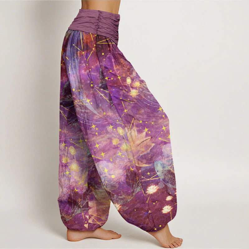 Pantalon Sarouel pour Femme à Taille Élastique avec Motif de Carpes Koï, Lotus, Lune et Étoiles