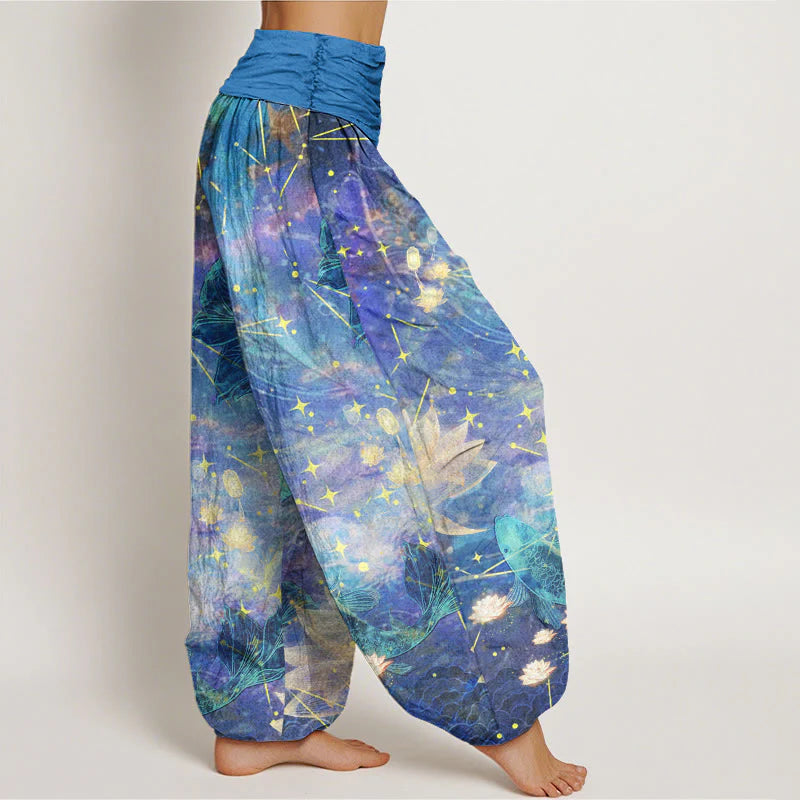 Pantalon Sarouel pour Femme à Taille Élastique avec Motif de Carpes Koï, Lotus, Lune et Étoiles