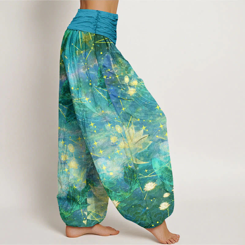 Pantalon Sarouel pour Femme à Taille Élastique avec Motif de Carpes Koï, Lotus, Lune et Étoiles