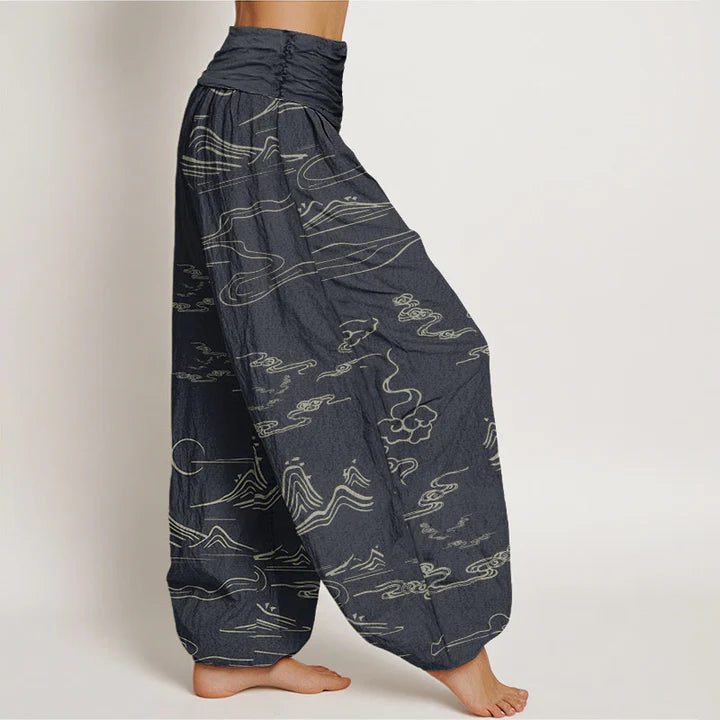 Pantalon Sarouel pour Femme à Taille Élastique avec Motif de Montagne, Lune et Nuages Auspicieux
