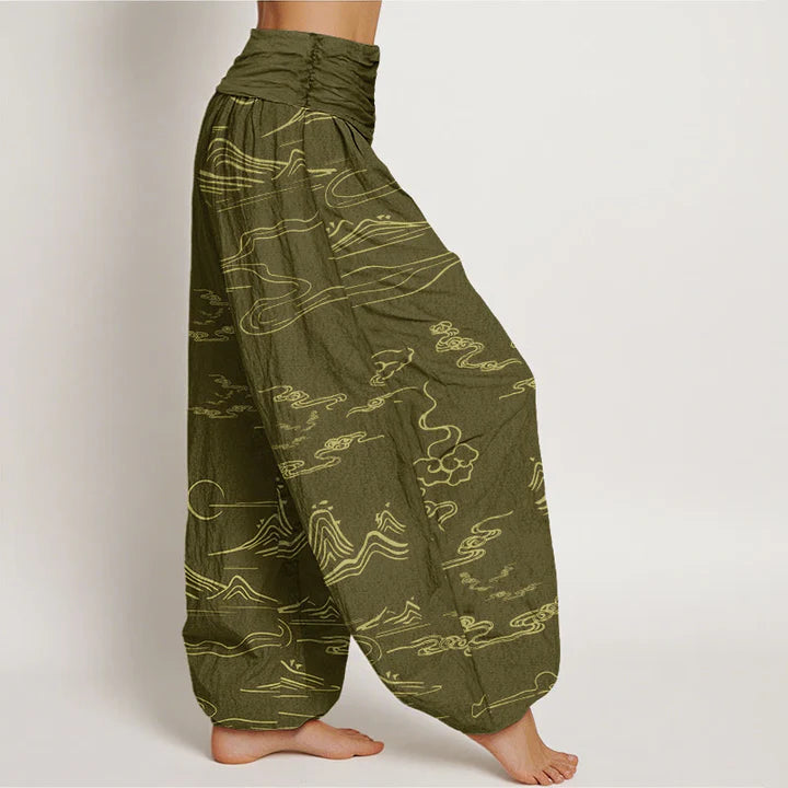 Pantalon Sarouel pour Femme à Taille Élastique avec Motif de Montagne, Lune et Nuages Auspicieux