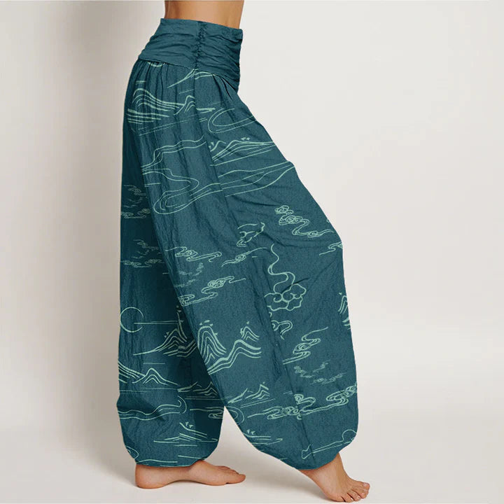 Pantalon Sarouel pour Femme à Taille Élastique avec Motif de Montagne, Lune et Nuages Auspicieux