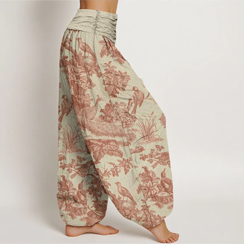 Pantalon Sarouel pour Femme à Taille Élastique avec Motif d’Oiseaux, d’Arbres et de Branches