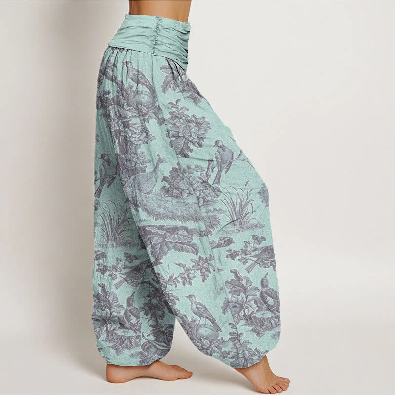 Pantalon Sarouel pour Femme à Taille Élastique avec Motif d’Oiseaux, d’Arbres et de Branches