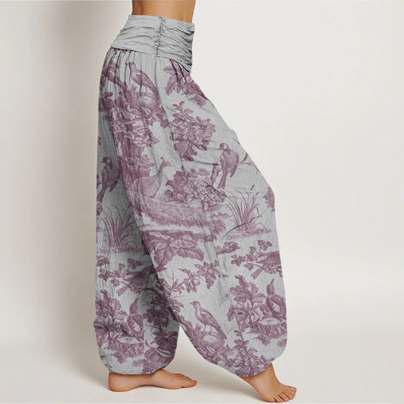Pantalon Sarouel pour Femme à Taille Élastique avec Motif d’Oiseaux, d’Arbres et de Branches