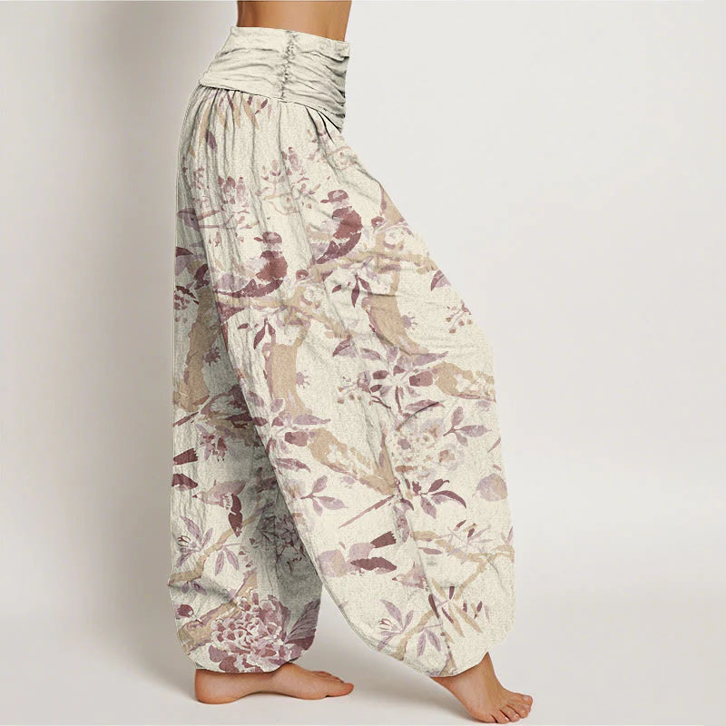 Pantalon Sarouel pour Femme à Taille Élastique avec Motif d’Oiseaux, de Branches et de Fleurs