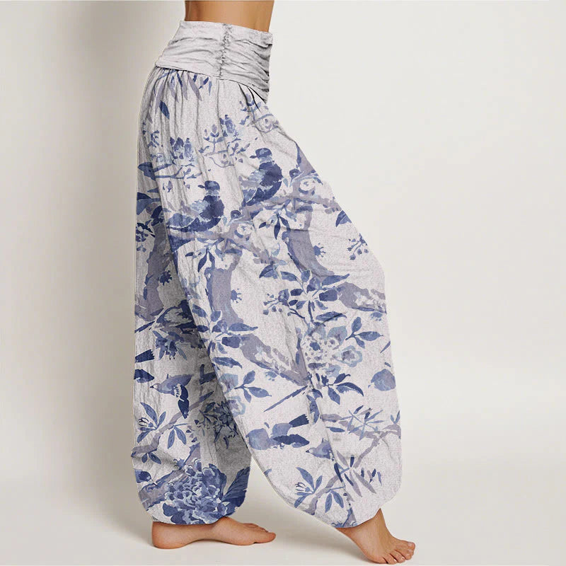 Pantalon Sarouel pour Femme à Taille Élastique avec Motif d’Oiseaux, de Branches et de Fleurs