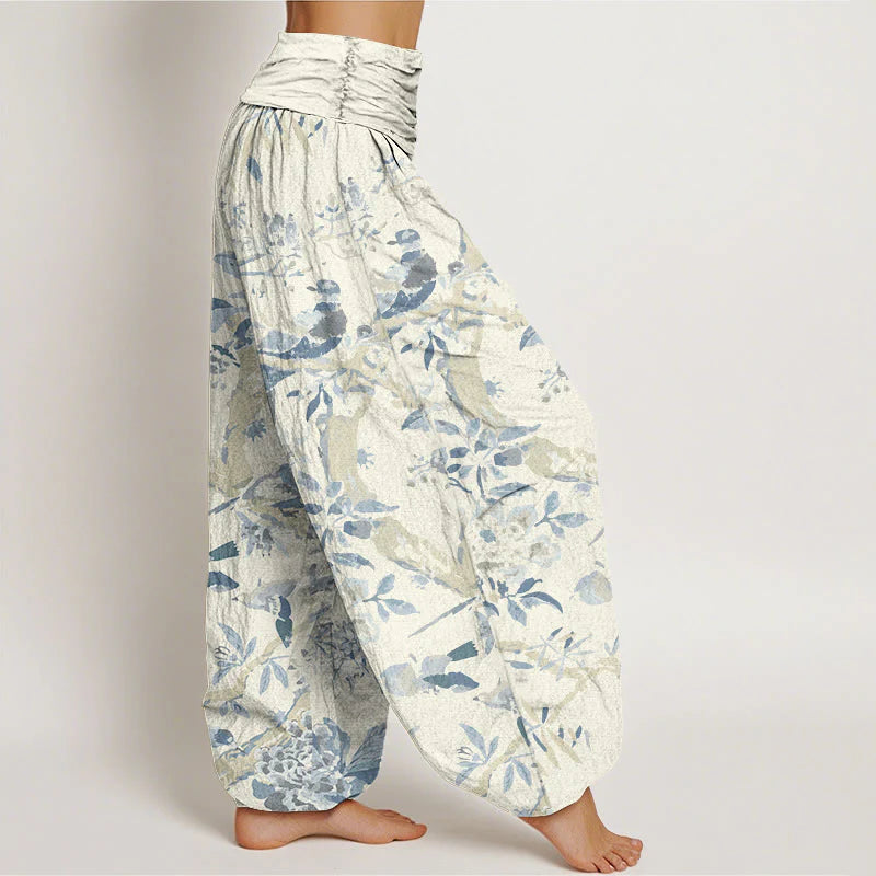 Pantalon Sarouel pour Femme à Taille Élastique avec Motif d’Oiseaux, de Branches et de Fleurs