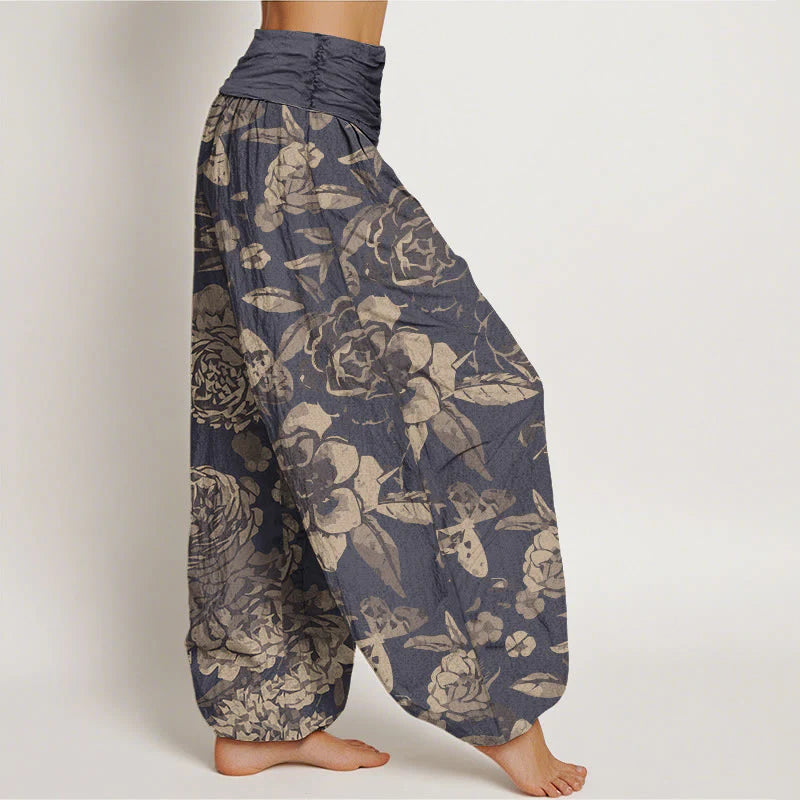 Pantalon Sarouel Décontracté pour Femme à Taille Élastique avec Motif de Fleurs de Pivoine et Feuilles