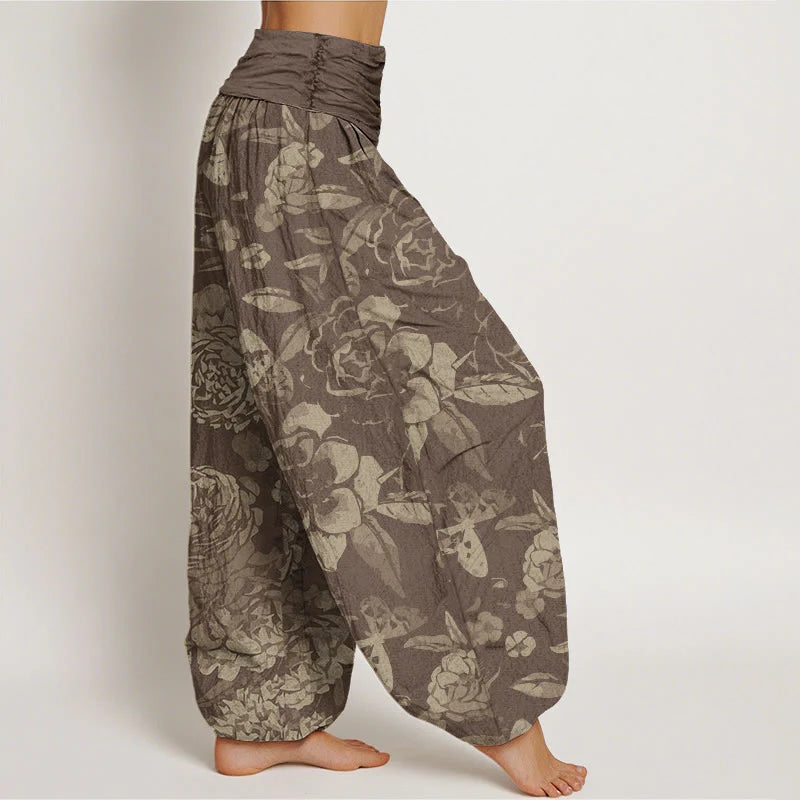 Pantalon Sarouel Décontracté pour Femme à Taille Élastique avec Motif de Fleurs de Pivoine et Feuilles