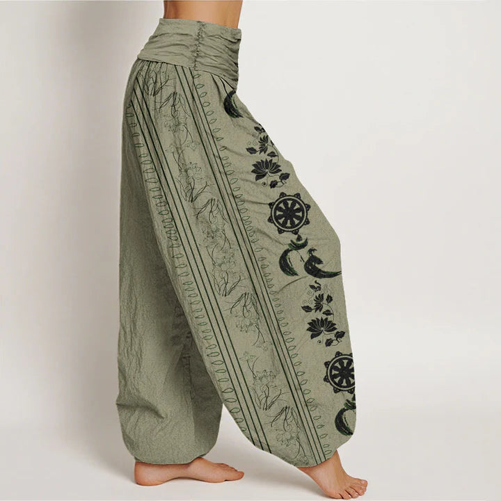 Pantalon Sarouel pour Femme à Taille Élastique avec Motif de Roue du Dharma, Lotus et Symbole OM