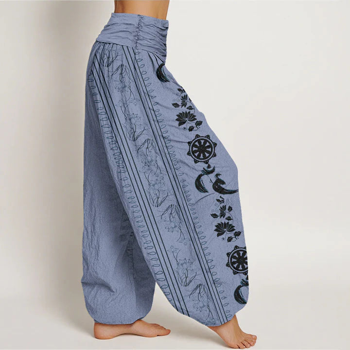 Pantalon Sarouel pour Femme à Taille Élastique avec Motif de Roue du Dharma, Lotus et Symbole OM