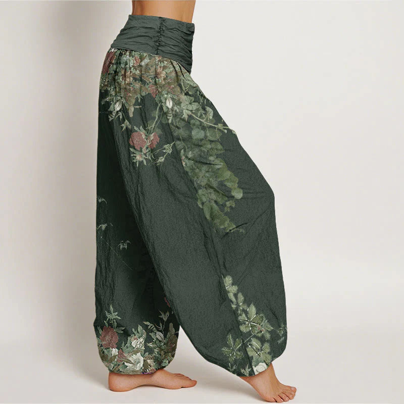 Pantalon Sarouel pour Femme à Taille Élastique avec Motif de Grues, Fleurs et Nuages Auspicieux