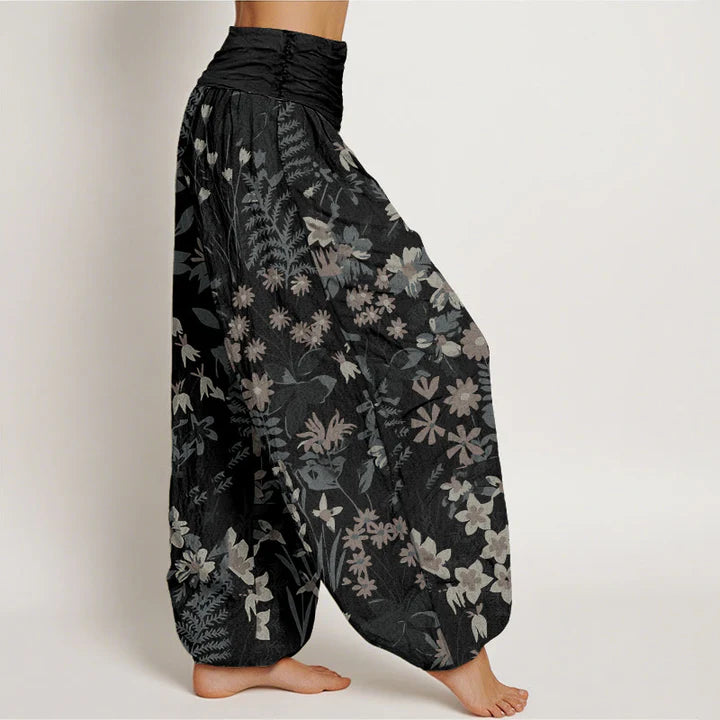 Pantalon Sarouel Décontracté pour Femme à Taille Élastique avec Motif de Fleurs de Marguerites et de Feuilles