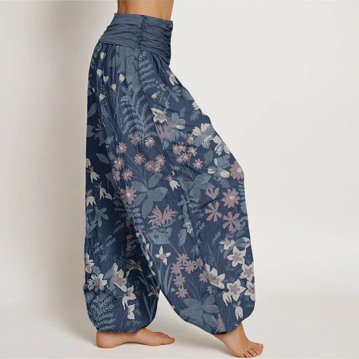 Pantalon Sarouel Décontracté pour Femme à Taille Élastique avec Motif de Fleurs de Marguerites et de Feuilles
