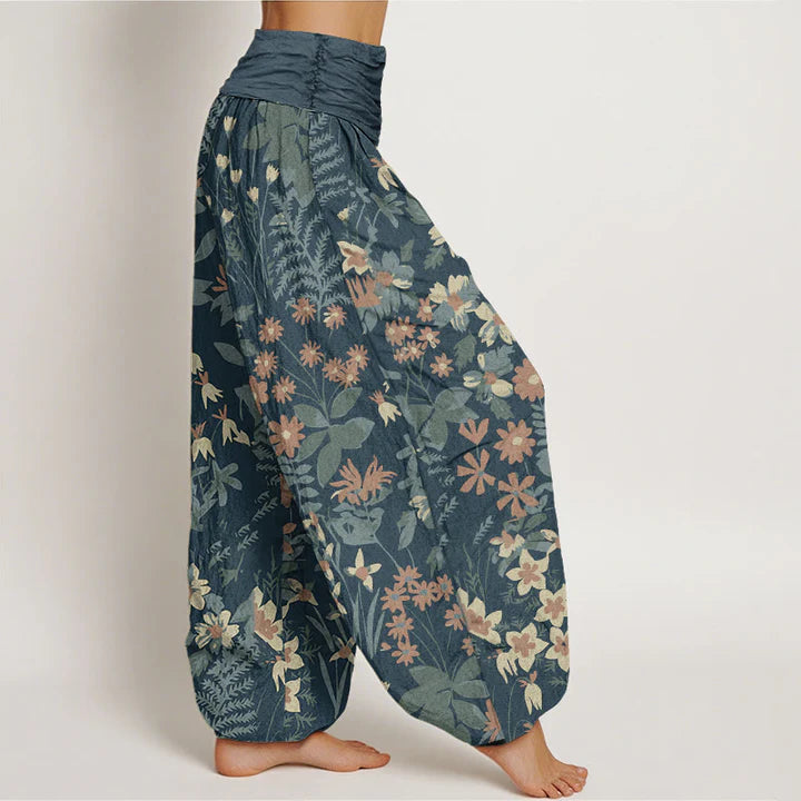 Pantalon Sarouel Décontracté pour Femme à Taille Élastique avec Motif de Fleurs de Marguerites et de Feuilles