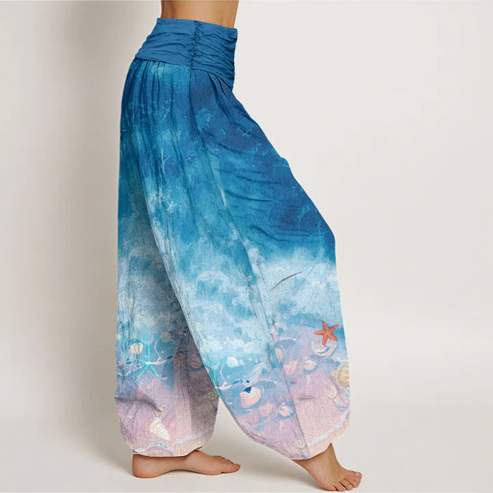 Pantalon Sarouel pour Femme à Taille Élastique – Motif Océan Vast et Étoiles de Mer