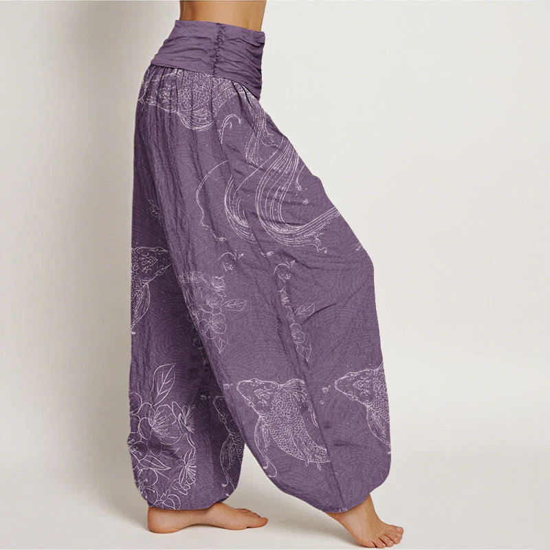 Pantalon Sarouel pour Femme à Taille Élastique avec Motif de Carpes Koï et de Fleurs