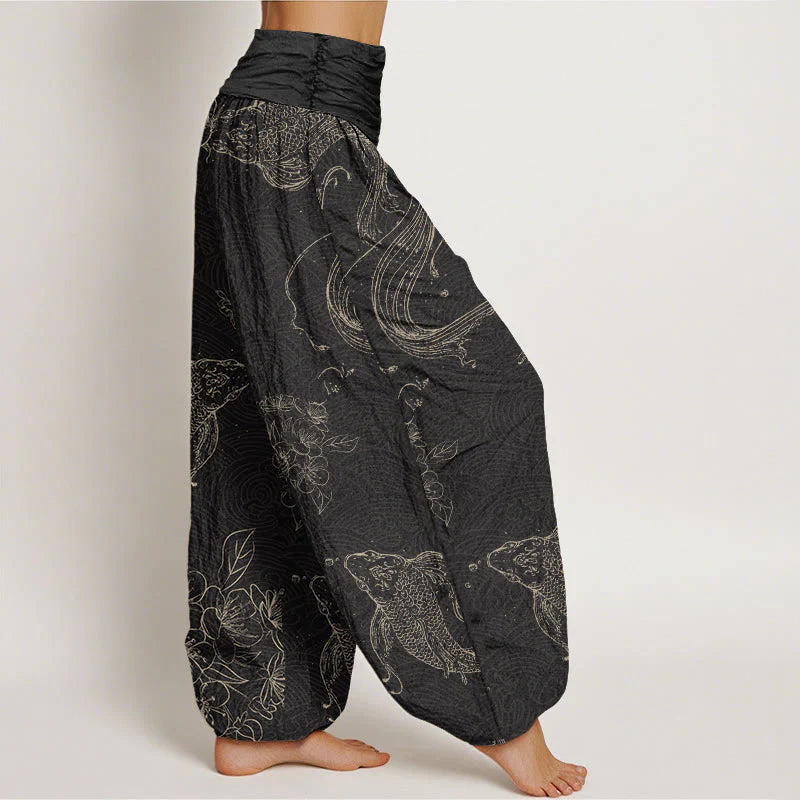 Pantalon Sarouel pour Femme à Taille Élastique avec Motif de Carpes Koï et de Fleurs