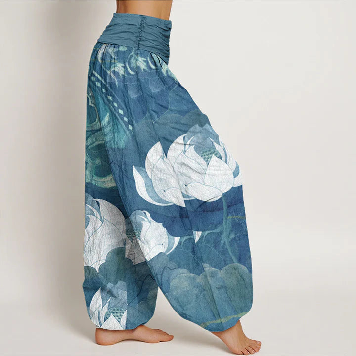 Pantalon Sarouel Décontracté pour Femme à Taille Élastique avec Motif de Lotus Blanc et de Feuilles