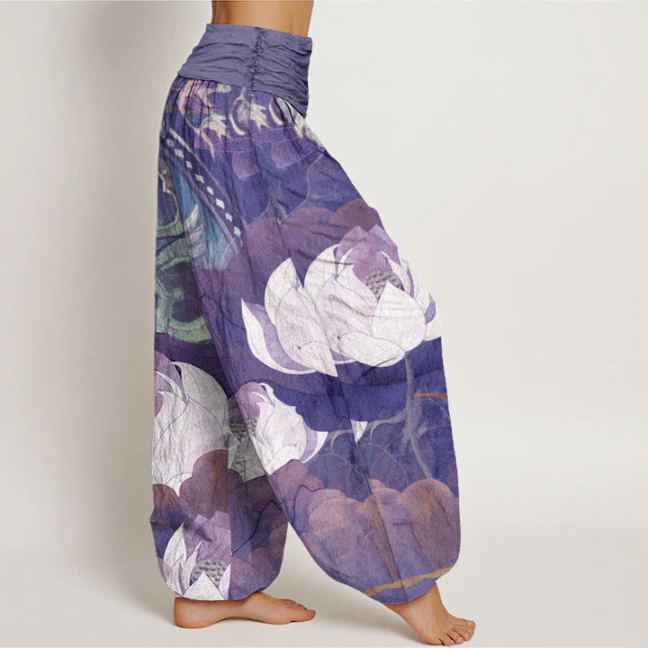 Pantalon Sarouel Décontracté pour Femme à Taille Élastique avec Motif de Lotus Blanc et de Feuilles
