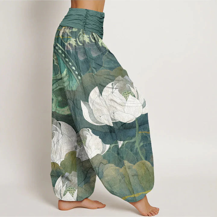 Pantalon Sarouel Décontracté pour Femme à Taille Élastique avec Motif de Lotus Blanc et de Feuilles