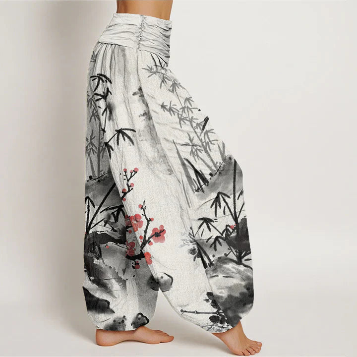 Pantalon Sarouel pour Femme à Taille Élastique avec Motif de Fleurs de Prunier, Bambou, Orchidées et Chrysanthèmes