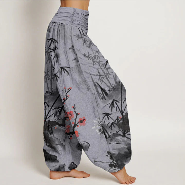 Pantalon Sarouel pour Femme à Taille Élastique avec Motif de Fleurs de Prunier, Bambou, Orchidées et Chrysanthèmes