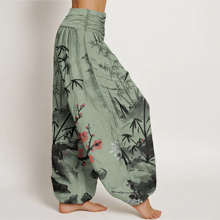 Pantalon Sarouel pour Femme à Taille Élastique avec Motif de Fleurs de Prunier, Bambou, Orchidées et Chrysanthèmes