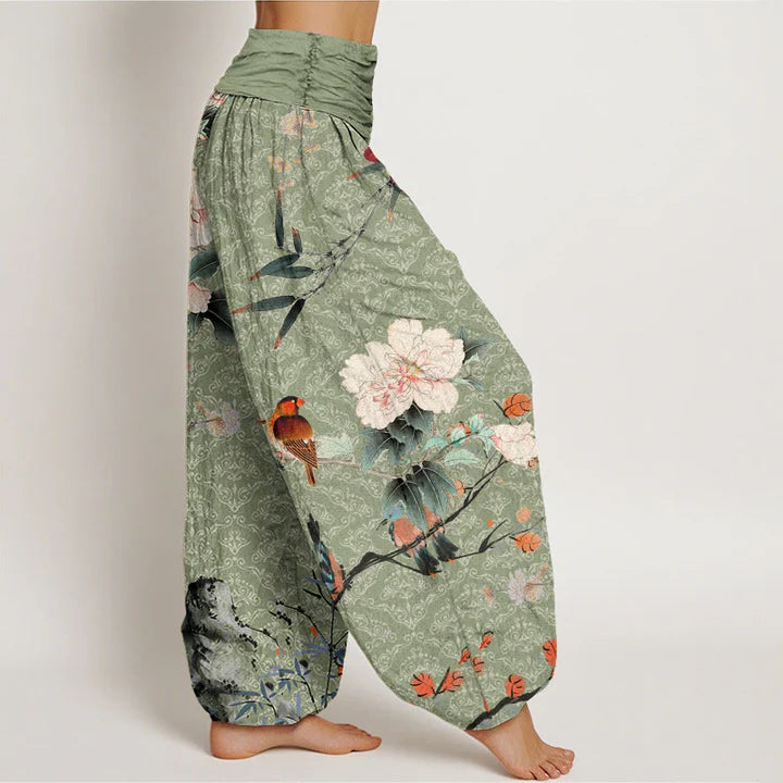 Pantalon Sarouel Motif Oiseau Warbler &amp; Fleurs Mandala – Taille Élastique pour Femme