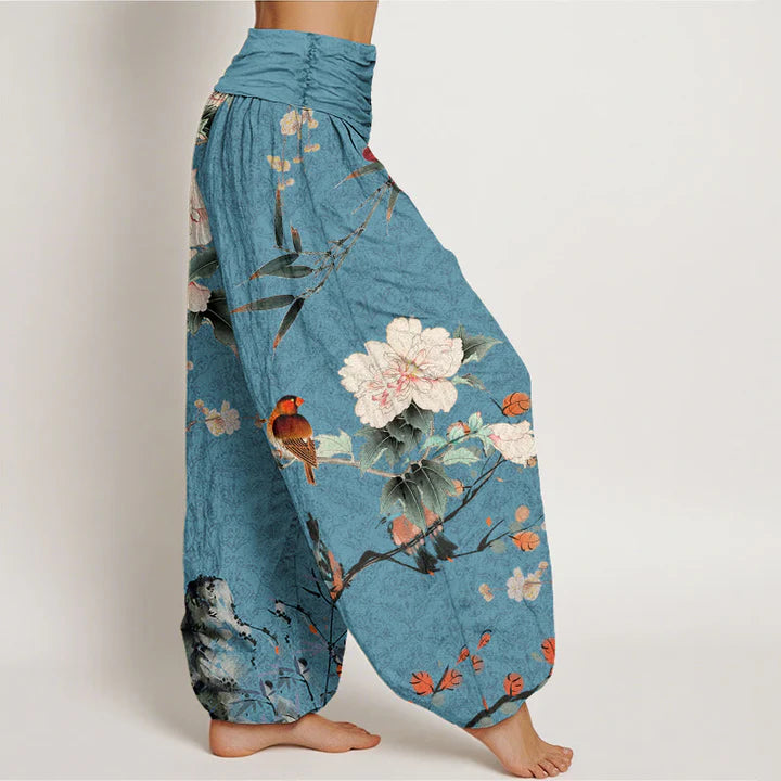 Pantalon Sarouel Motif Oiseau Warbler &amp; Fleurs Mandala – Taille Élastique pour Femme