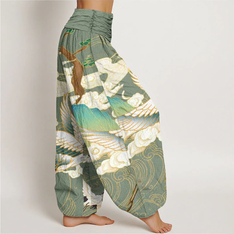 Pantalon Sarouel pour Femme à Taille Élastique avec Motif de Grues Volantes, de Nuages Auspicieux et d’Arbres
