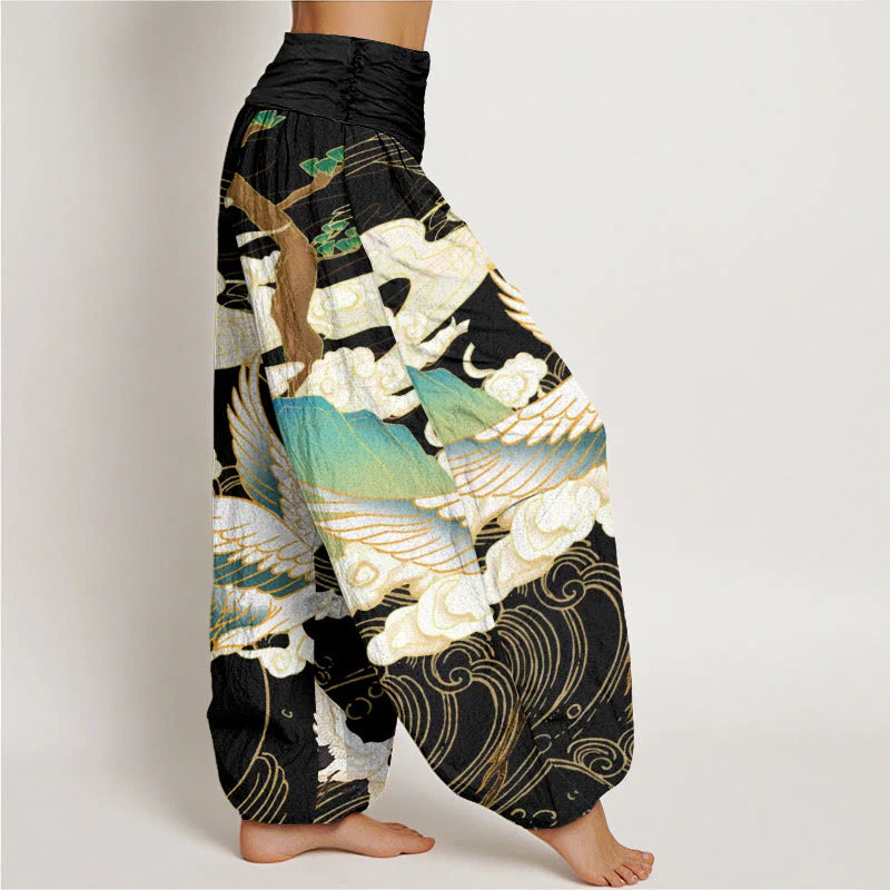 Pantalon Sarouel pour Femme à Taille Élastique avec Motif de Grues Volantes, de Nuages Auspicieux et d’Arbres