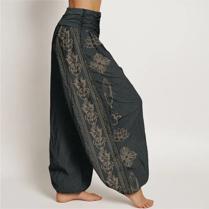 Pantalon Sarouel pour Femme à Taille Élastique – Motif Fleur de Lotus, Double Dorje Vajra, Namaste et Om
