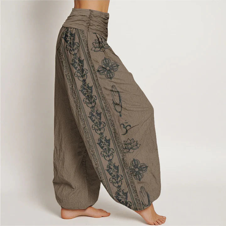 Pantalon Sarouel pour Femme à Taille Élastique – Motif Fleur de Lotus, Double Dorje Vajra, Namaste et Om