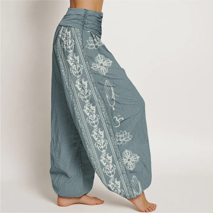 Pantalon Sarouel pour Femme à Taille Élastique – Motif Fleur de Lotus, Double Dorje Vajra, Namaste et Om