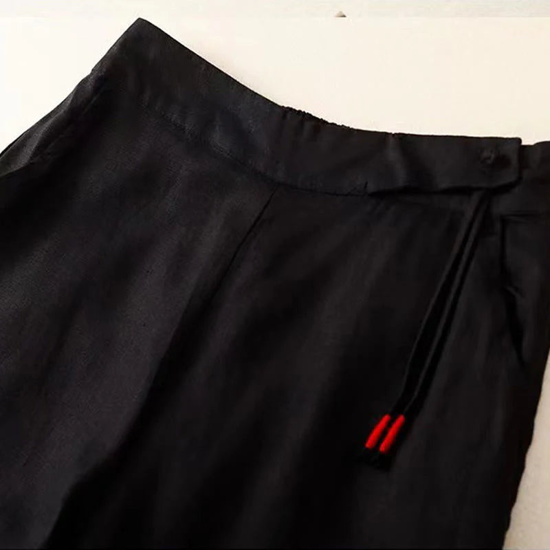 Pantalon Décontracté pour Femme à Jambe Large en Coton Uni avec Poches et Fermeture à un Bouton