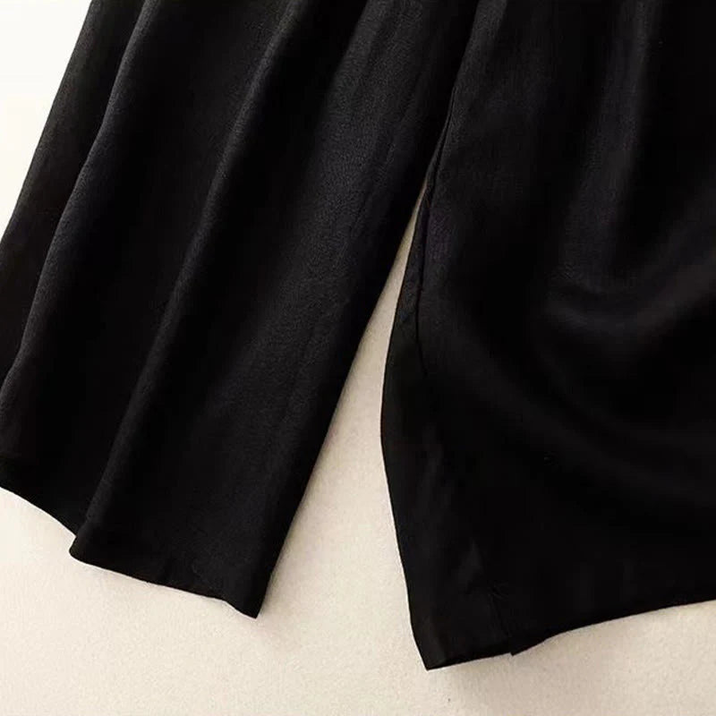 Pantalon Décontracté pour Femme à Jambe Large en Coton Uni avec Poches et Fermeture à un Bouton