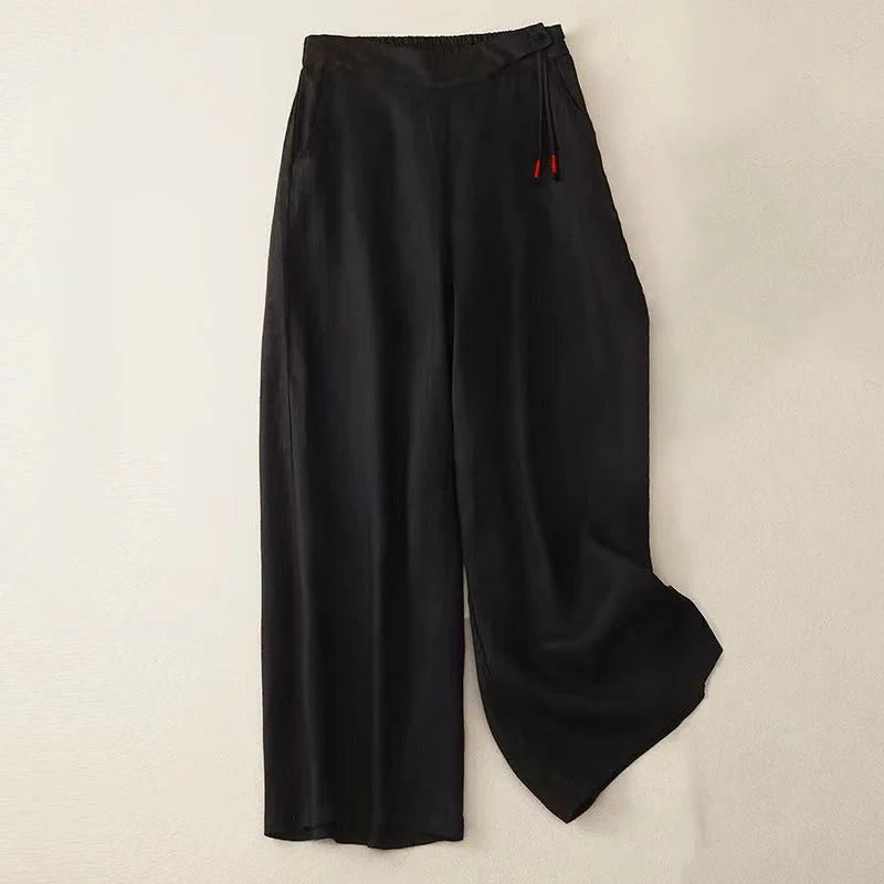 Pantalon Décontracté pour Femme à Jambe Large en Coton Uni avec Poches et Fermeture à un Bouton