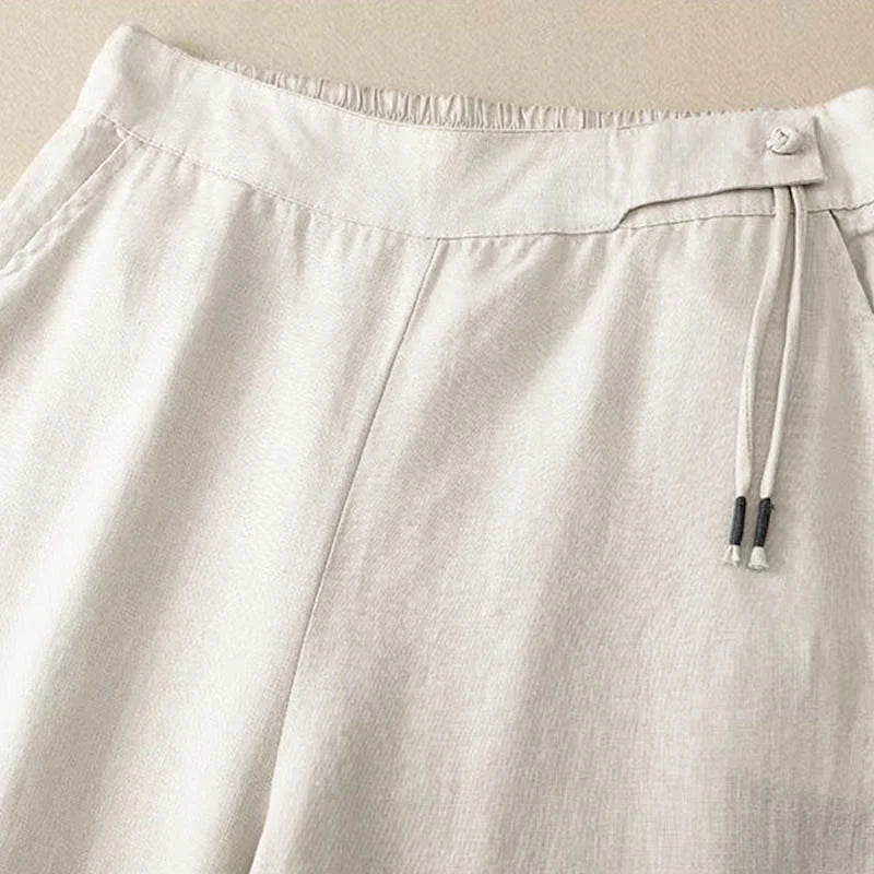 Pantalon Décontracté pour Femme à Jambe Large en Coton Uni avec Poches et Fermeture à un Bouton