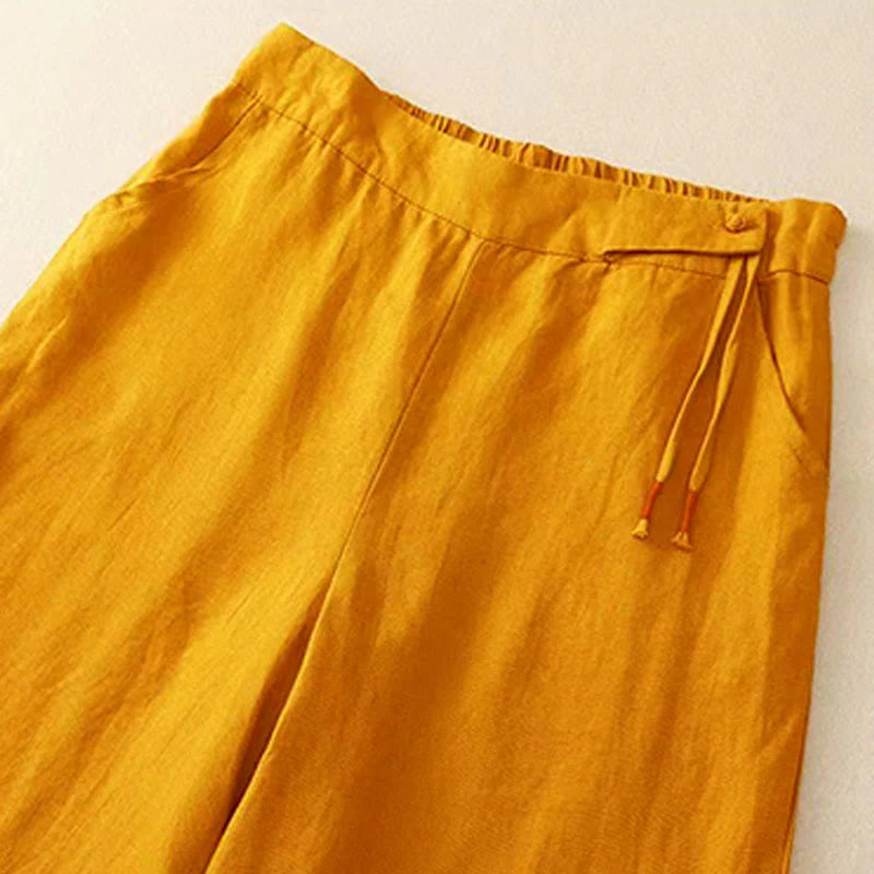 Pantalon Décontracté pour Femme à Jambe Large en Coton Uni avec Poches et Fermeture à un Bouton