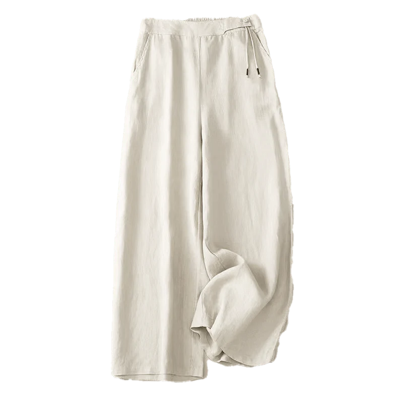 Pantalon Décontracté pour Femme à Jambe Large en Coton Uni avec Poches et Fermeture à un Bouton