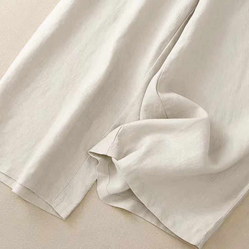 Pantalon Décontracté pour Femme à Jambe Large en Coton Uni avec Poches et Fermeture à un Bouton