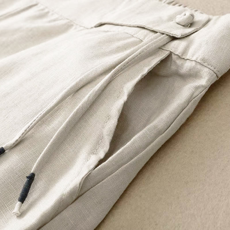 Pantalon Décontracté pour Femme à Jambe Large en Coton Uni avec Poches et Fermeture à un Bouton