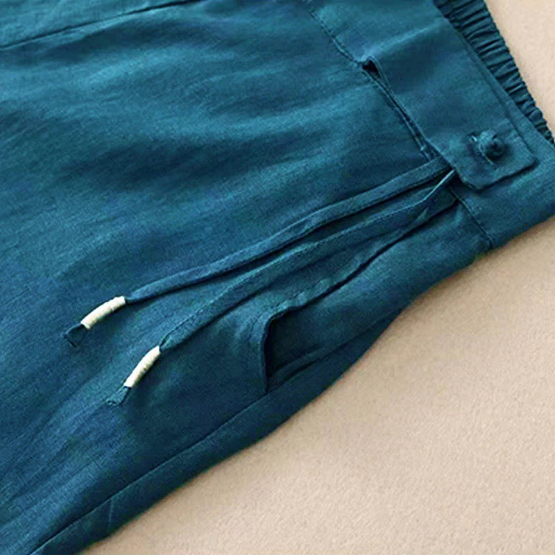 Pantalon Décontracté pour Femme à Jambe Large en Coton Uni avec Poches et Fermeture à un Bouton